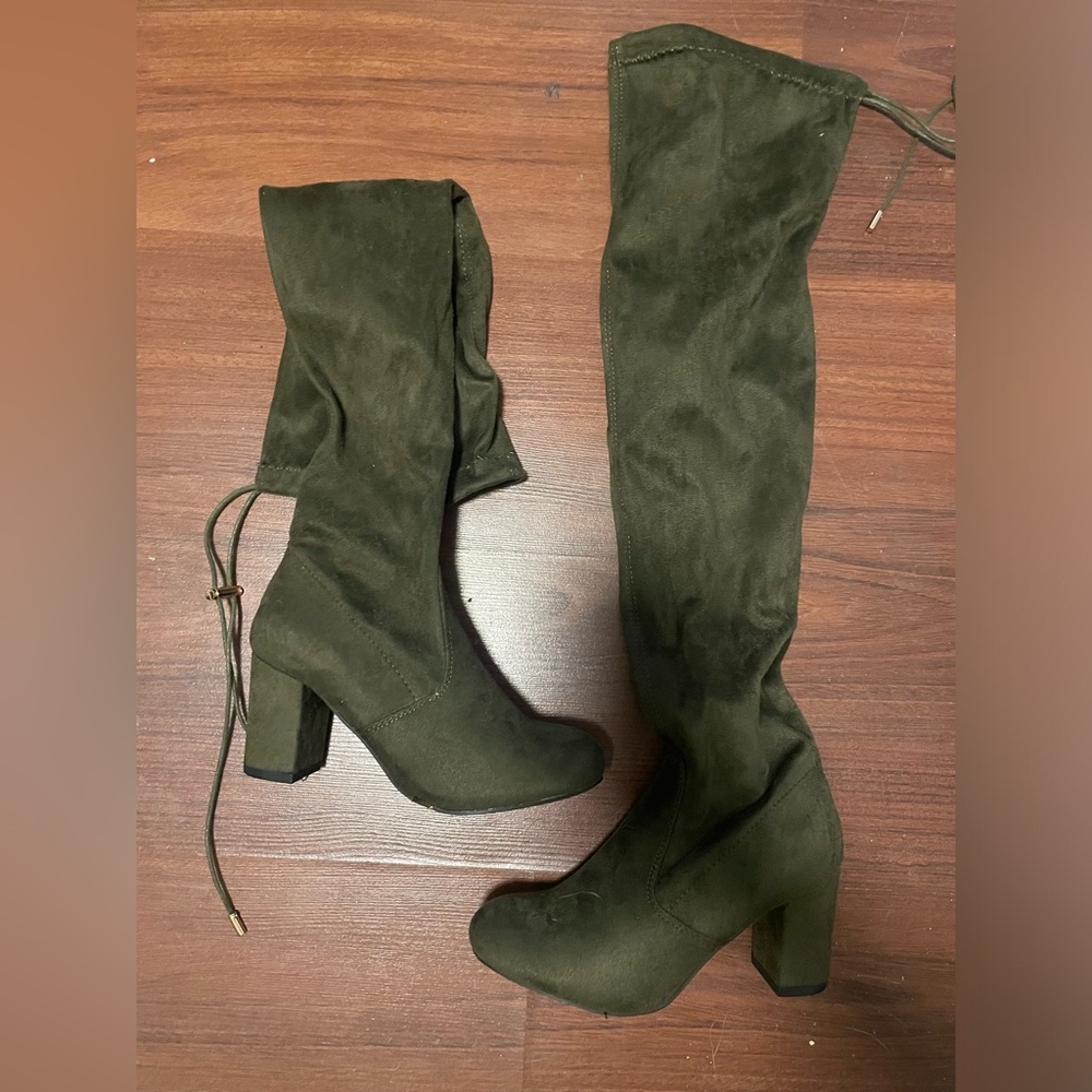 Olive Green Suede Over-the-Knee Boots